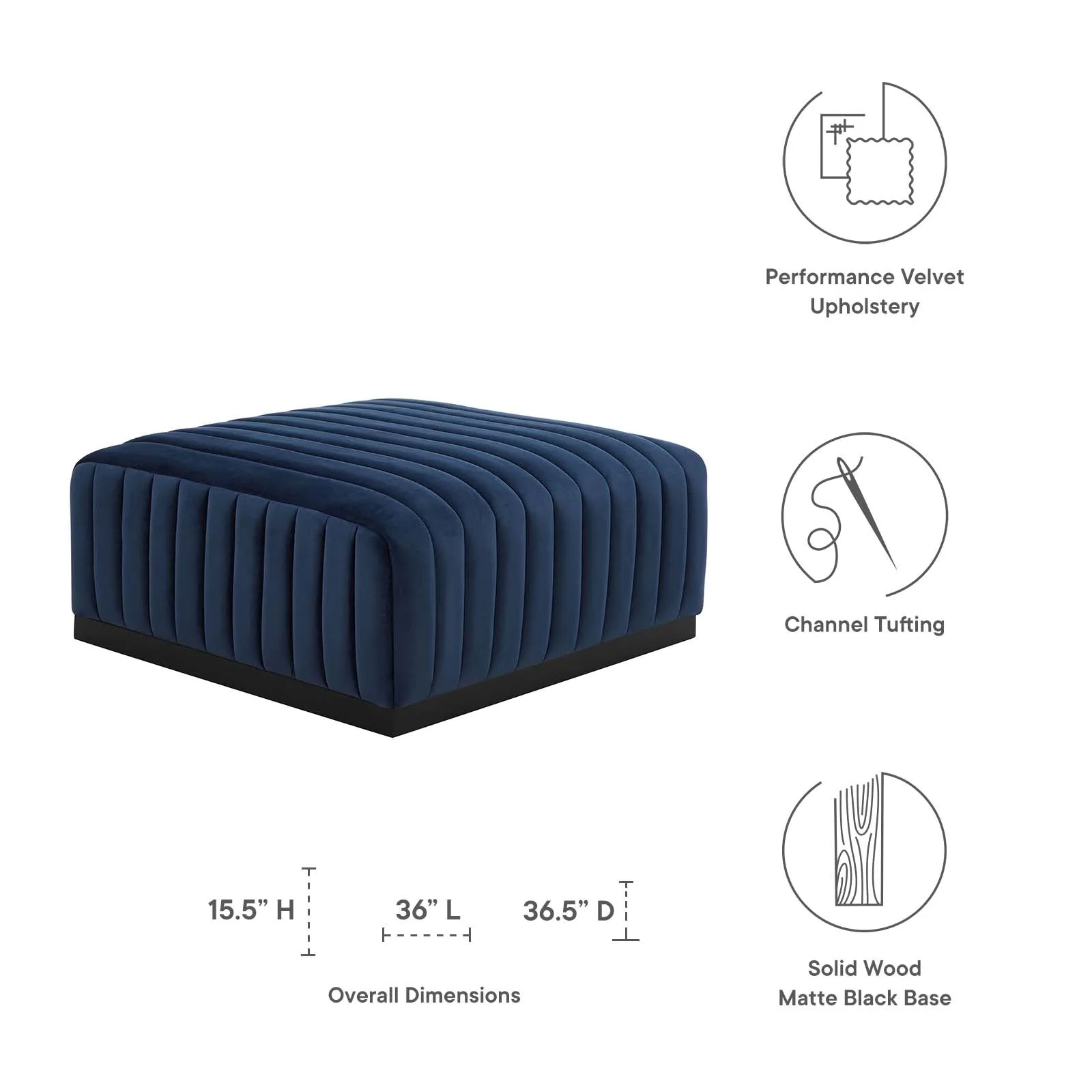 Conjure Channel Tufted Performance Velvet Ottoman Black Midnight Blue EEI-5500-BLK-MID