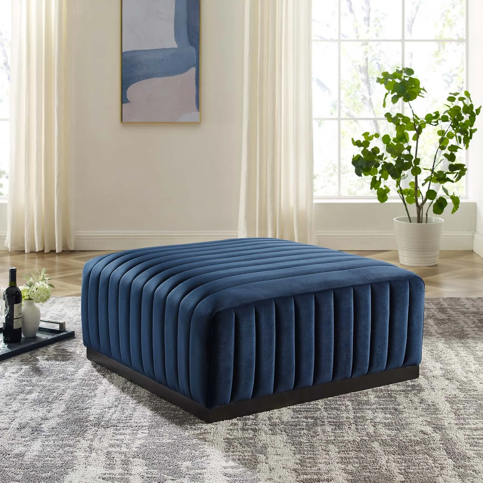 Conjure Channel Tufted Performance Velvet Ottoman Black Midnight Blue EEI-5500-BLK-MID