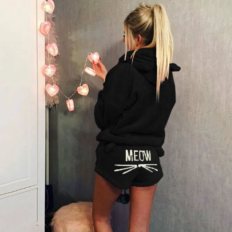Cute Cat Meow Pattern Coral Velvet Pajama Set for Women