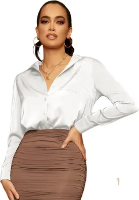 Floerns Women's Satin Long Sleeve Button Up Blouse Work Office Silky Shirts Tops