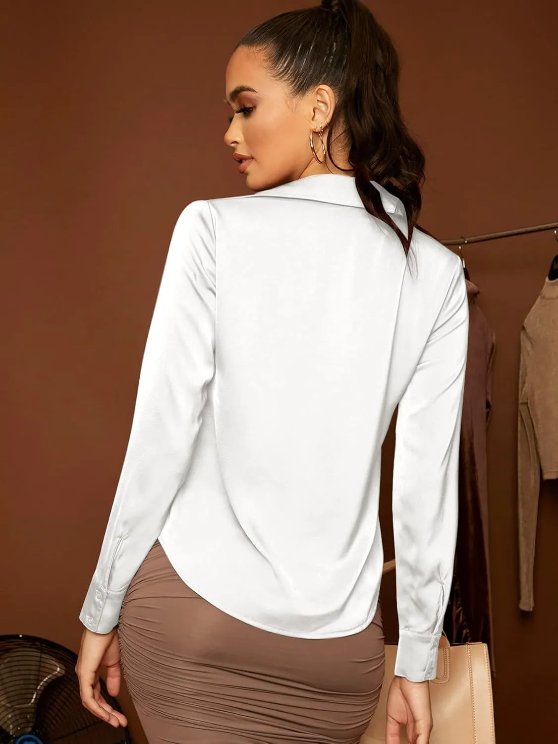 Floerns Women's Satin Long Sleeve Button Up Blouse Work Office Silky Shirts Tops