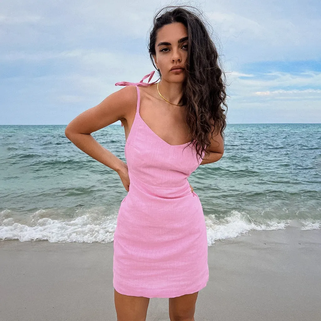 Flytonnshop homecoming dresses Style Summer 2024 Sexy Strap Cotton Linen Pink Short Nightdress Soft Home Wear Women Can Wear outside Fashion