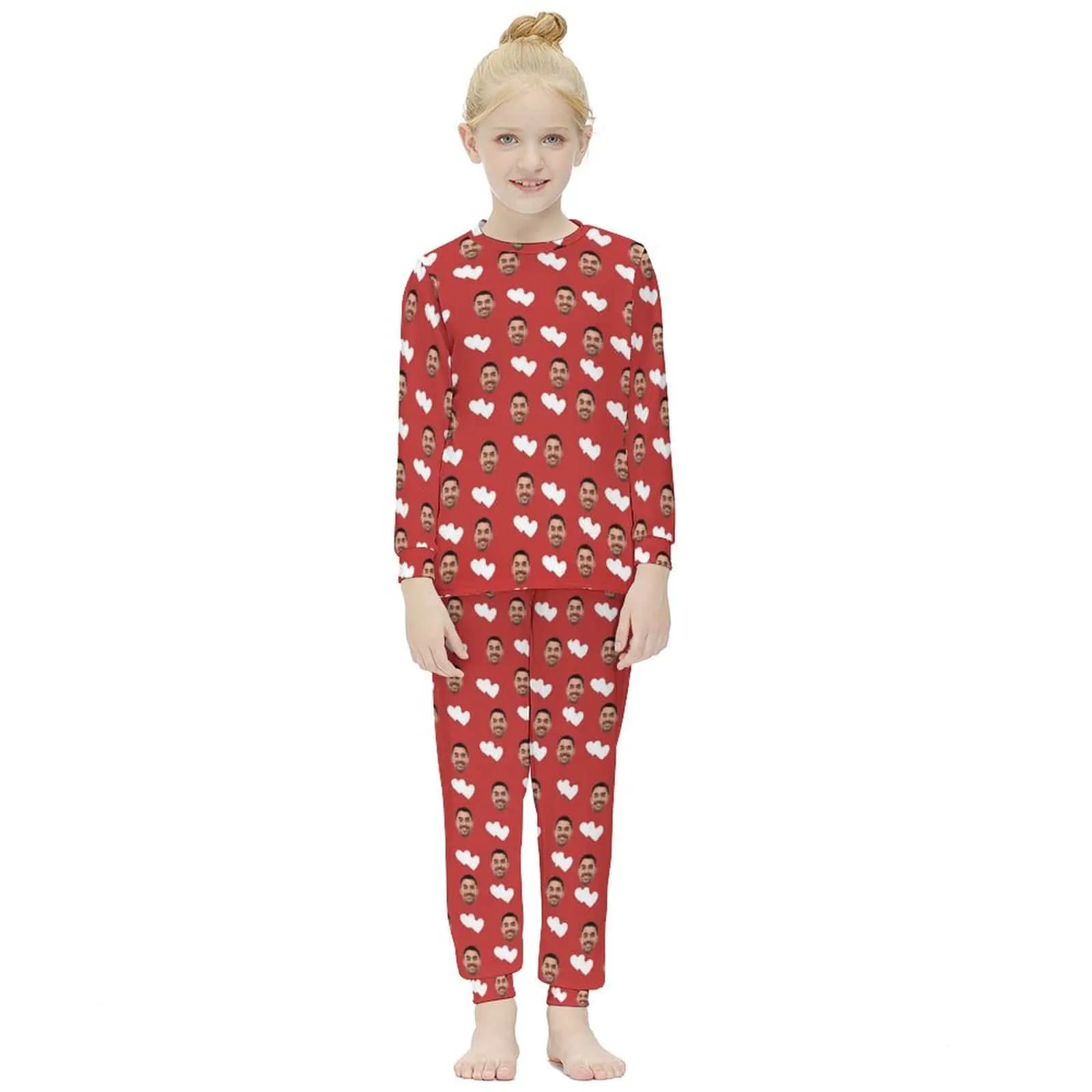 #For 6-12Y Custom Face Double Love Heart Sleepwear Pjs Personalized Kids Long Sleeve Pajamas Set