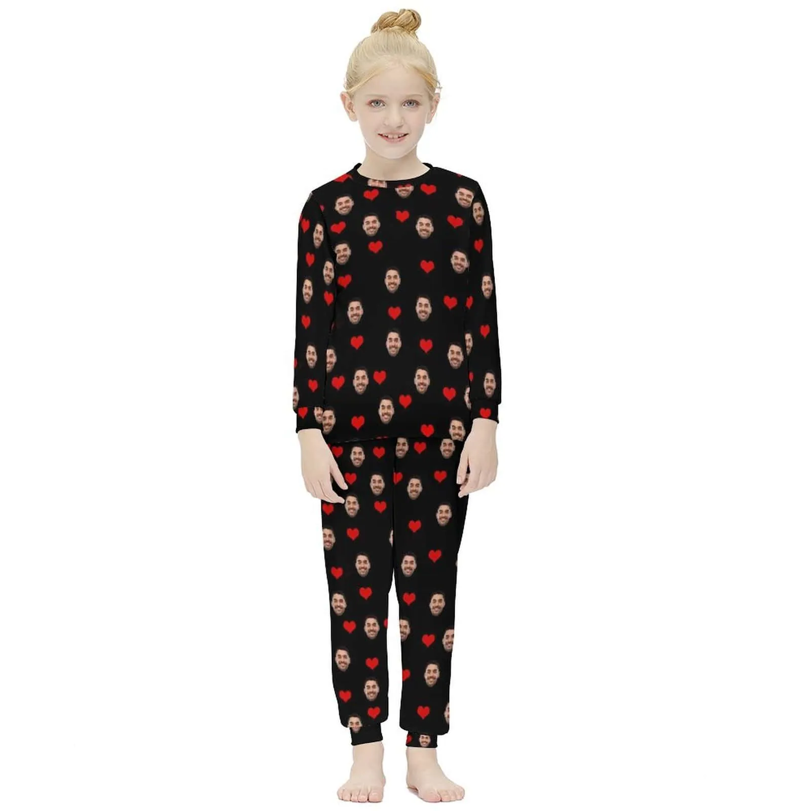 #For 6-12Y Custom Face Love Heart Nightwear Pjs Personalized Black Kids Long Sleeve Pajamas Set