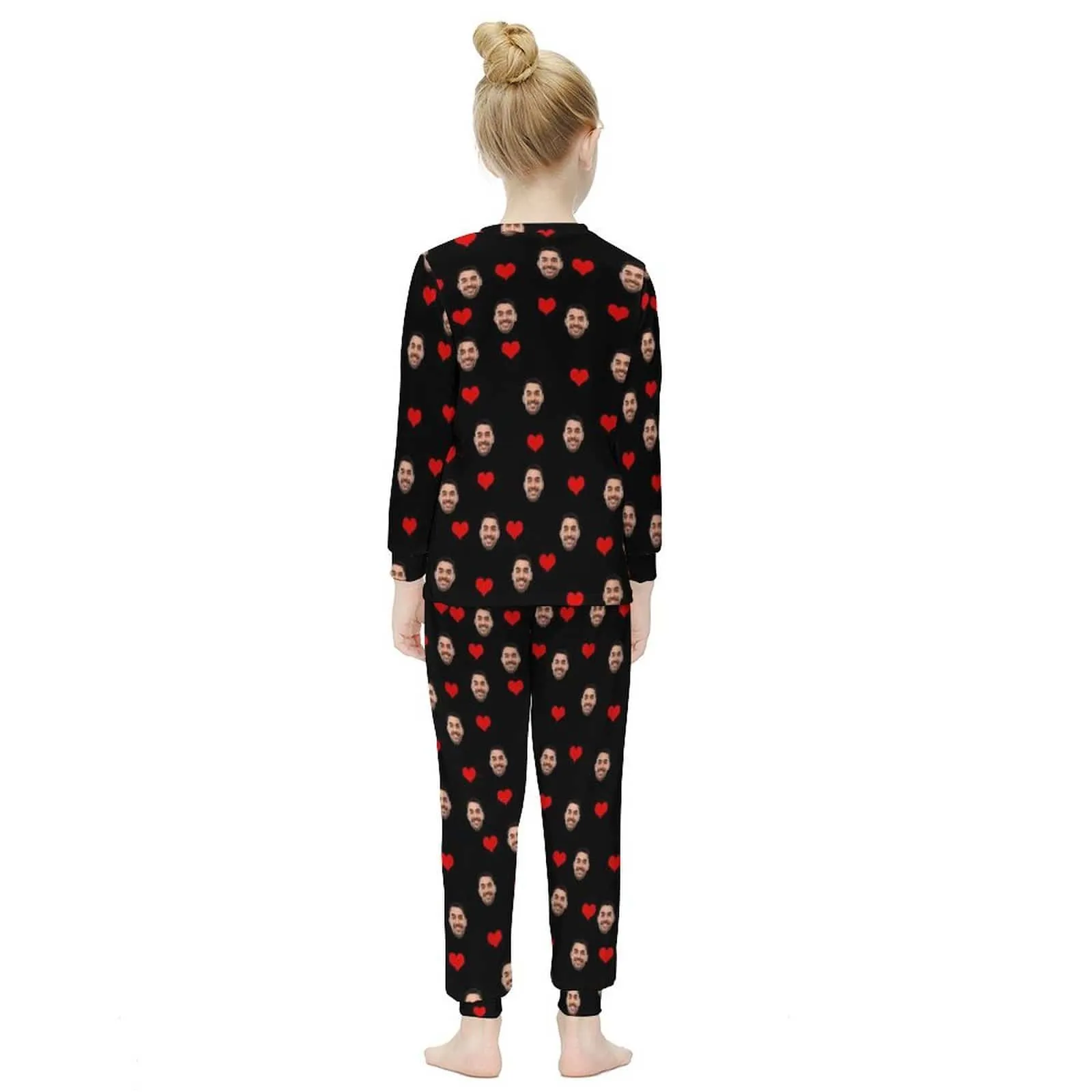 #For 6-12Y Custom Face Love Heart Nightwear Pjs Personalized Black Kids Long Sleeve Pajamas Set