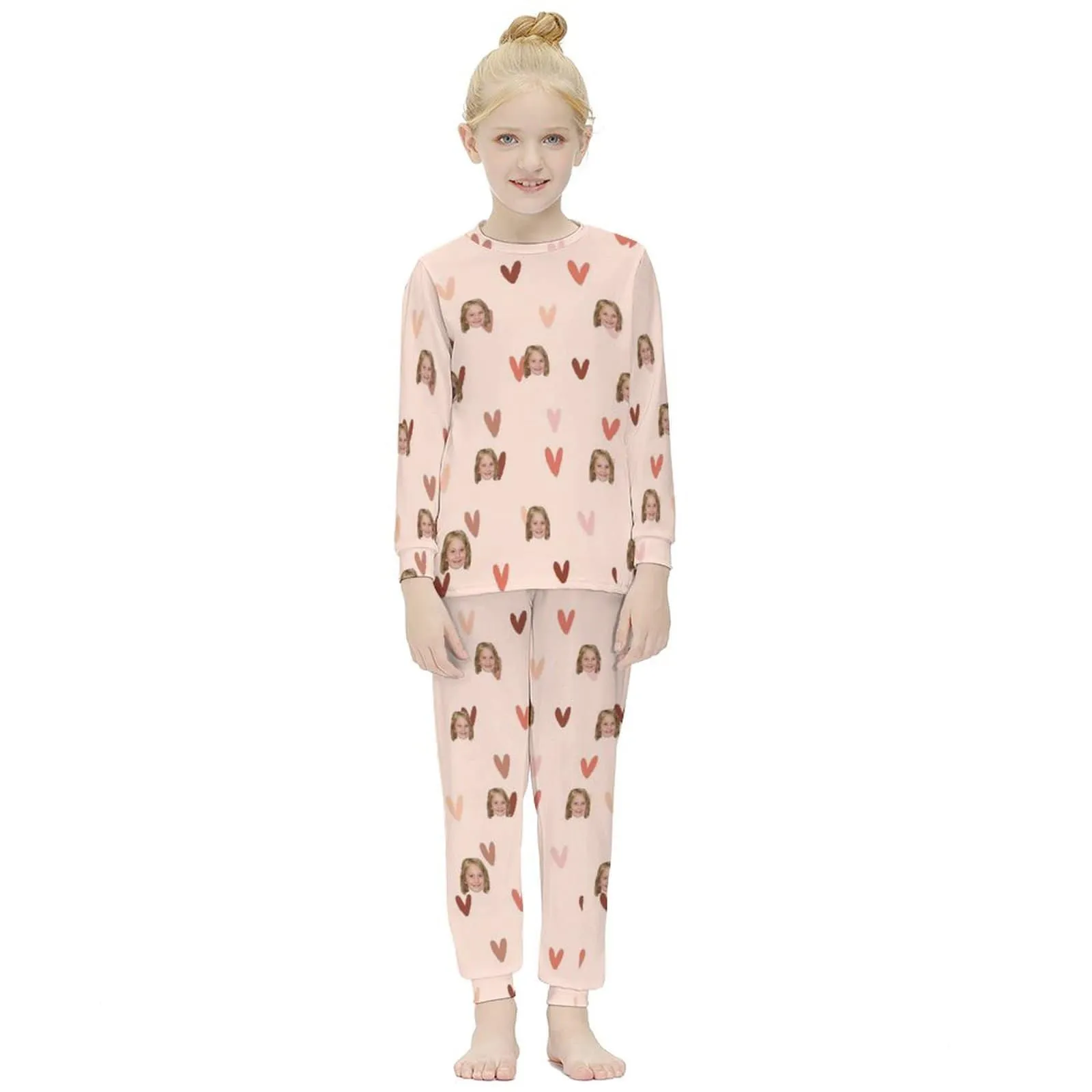 #For 6-12Y Custom Face Pjs 2 Piece Nightwear Personalized Love Heart Kids Long Sleeve Pajamas Set