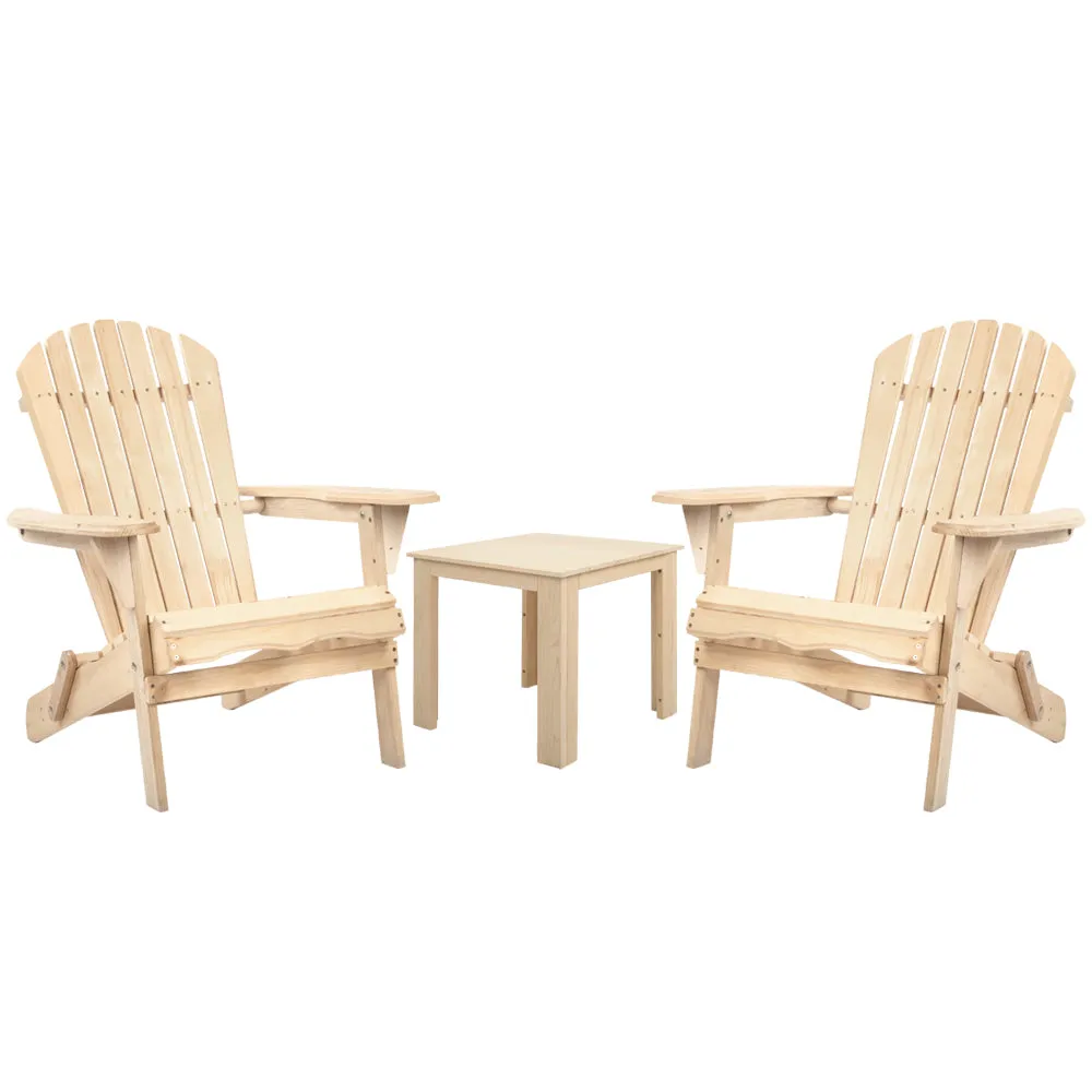 Gardeon 3PC Adirondack Outdoor Table and Chairs Wooden Foldable Beach Chair Natural