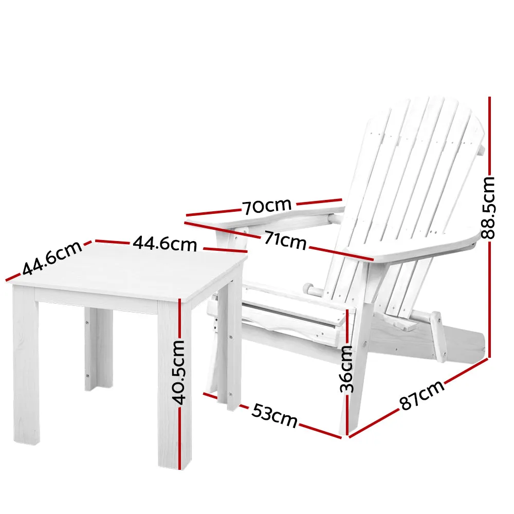 Gardeon 3PC Adirondack Outdoor Table and Chairs Wooden Foldable Beach Chair White