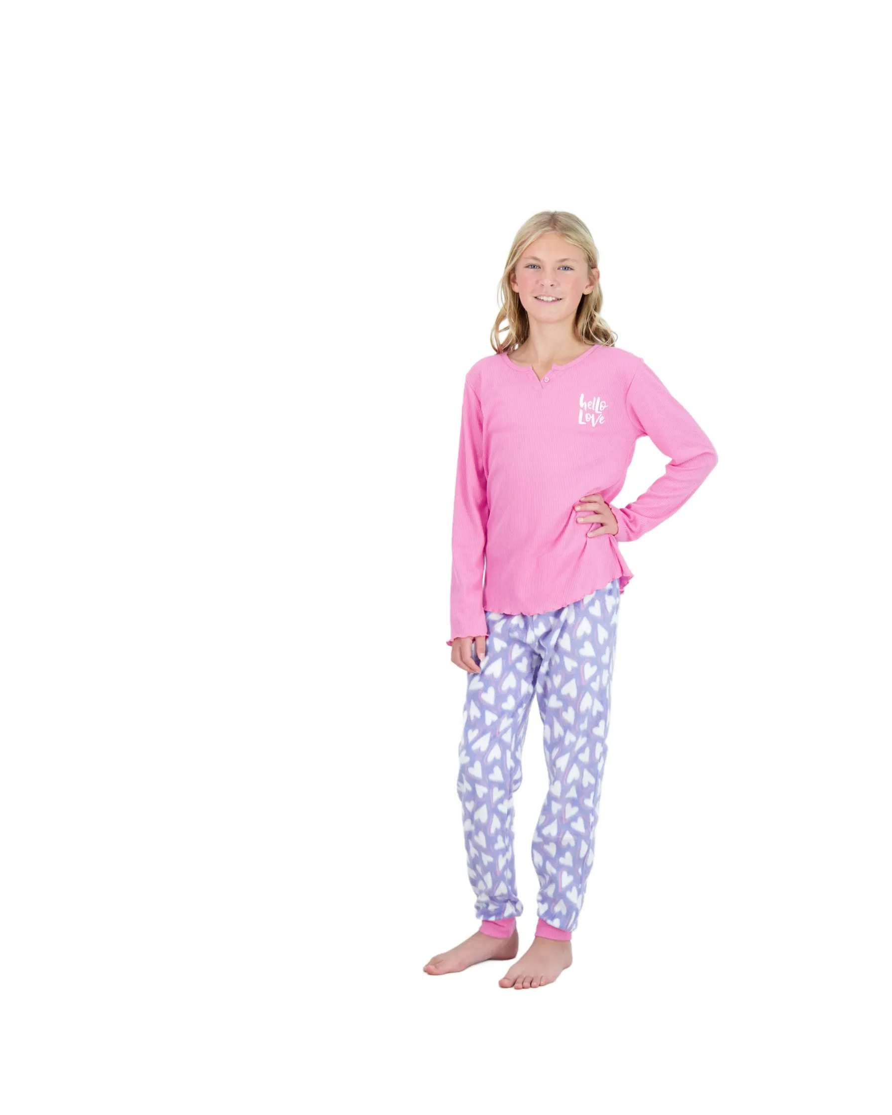 Girls 2-Piece Fleece Pajama Sets- Hello Love, Pink & Blue Pajama Set for Girls