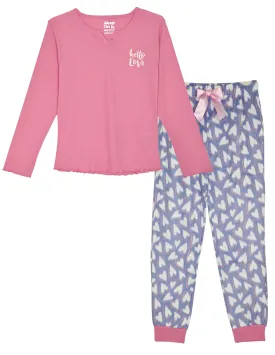 Girls 2-Piece Fleece Pajama Sets- Hello Love, Pink & Blue Pajama Set for Girls