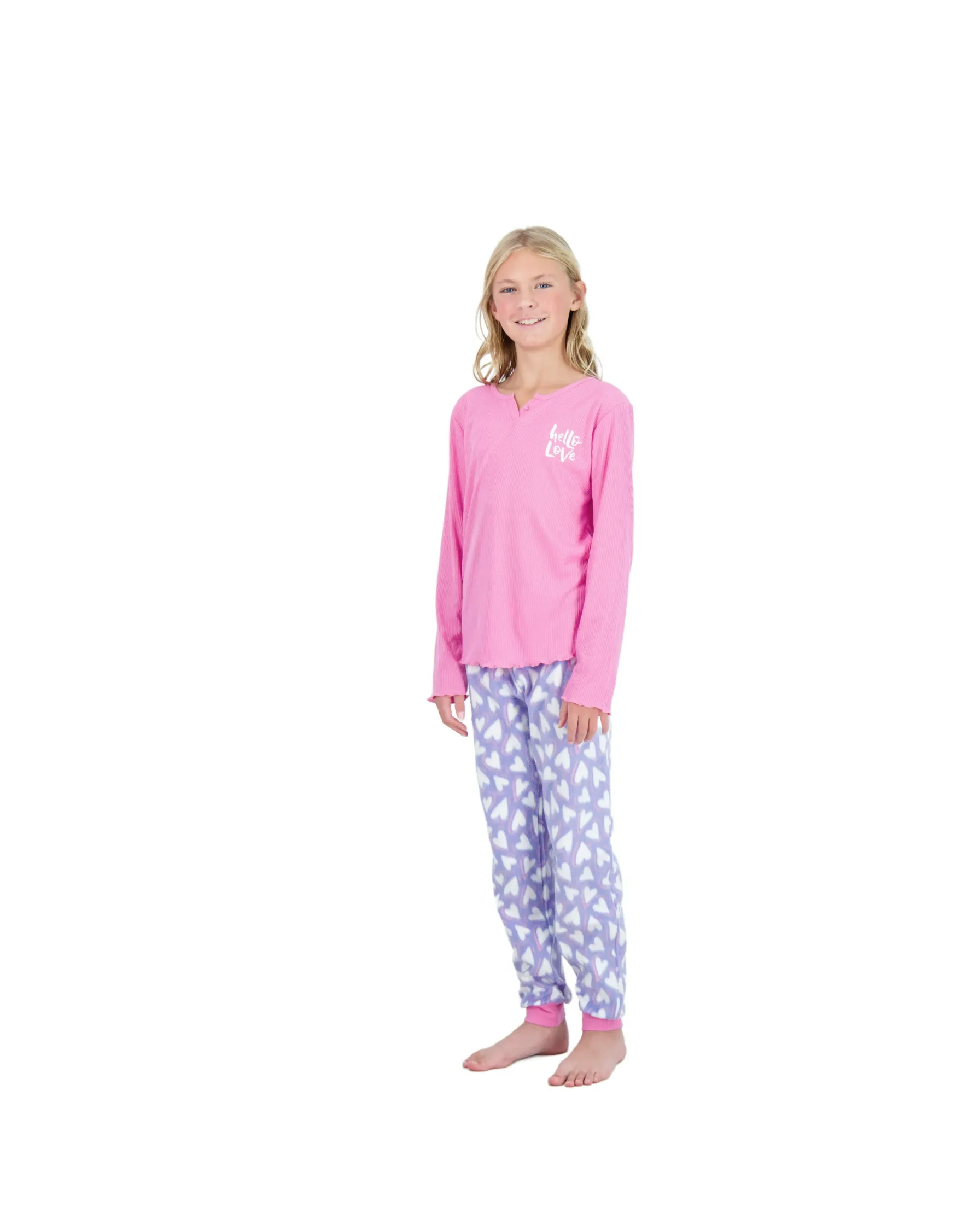 Girls 2-Piece Fleece Pajama Sets- Hello Love, Pink & Blue Pajama Set for Girls