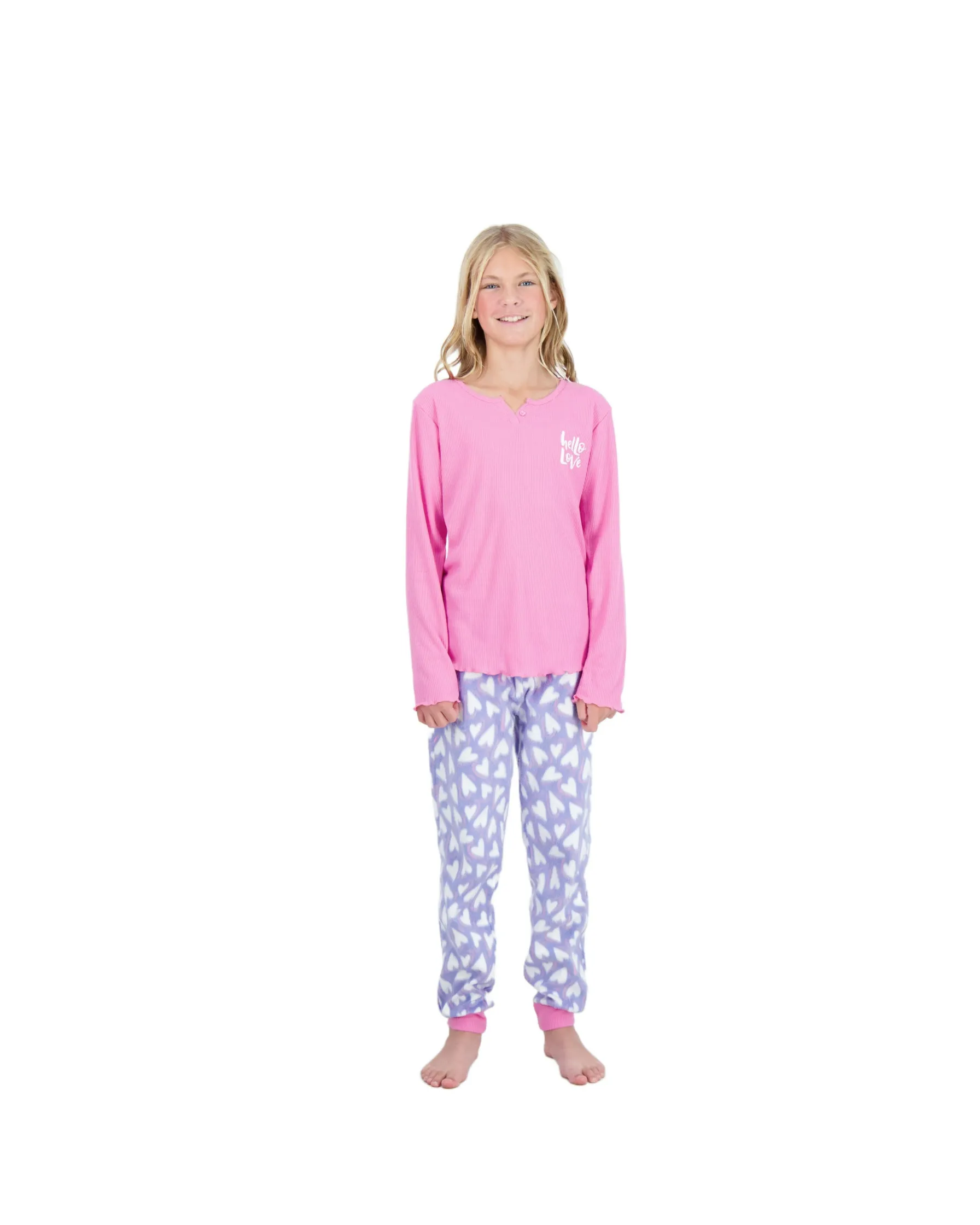 Girls 2-Piece Fleece Pajama Sets- Hello Love, Pink & Blue Pajama Set for Girls