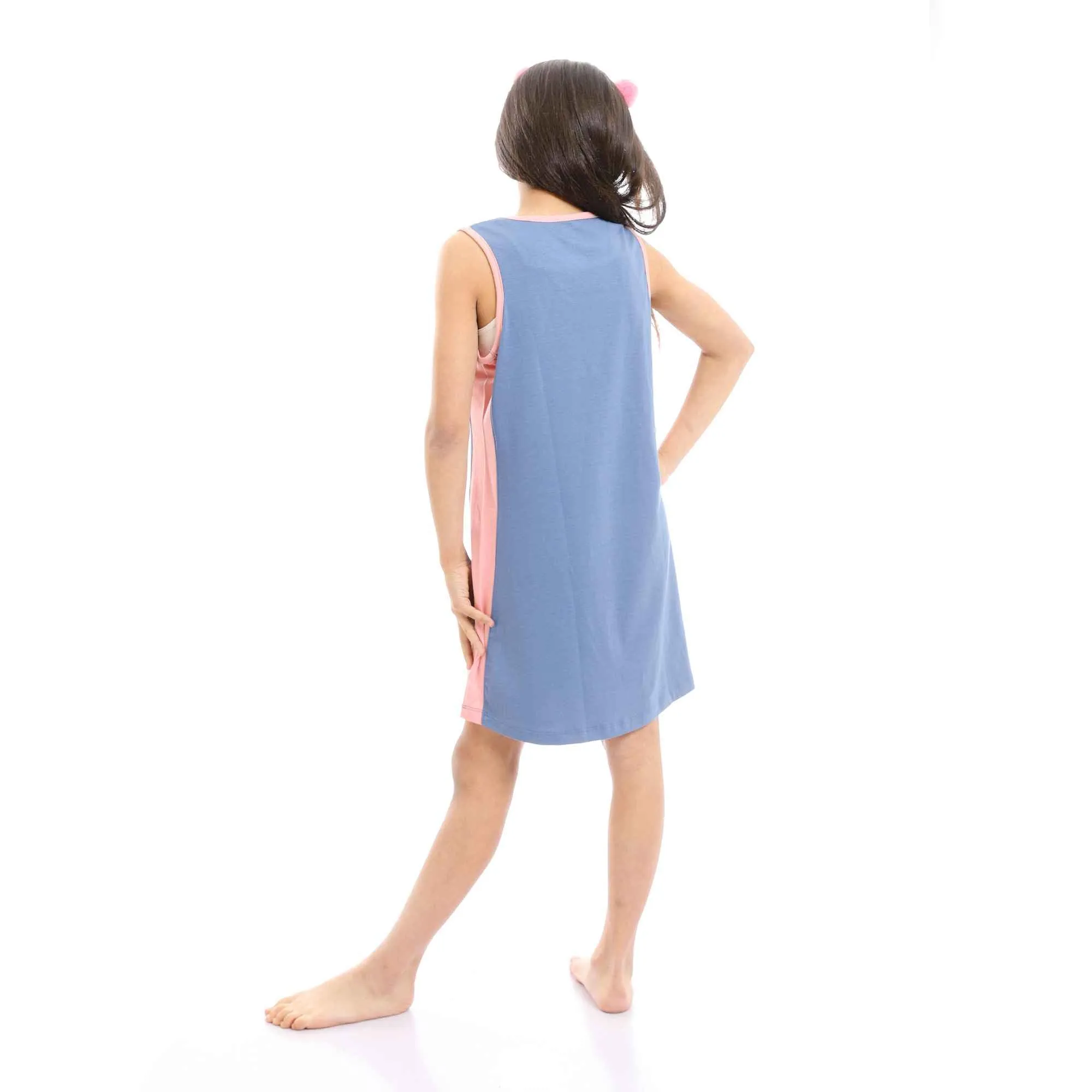 Girls Bi-Tone Printed Cool Sleeveless Nightgown - Steel Blue & Pink