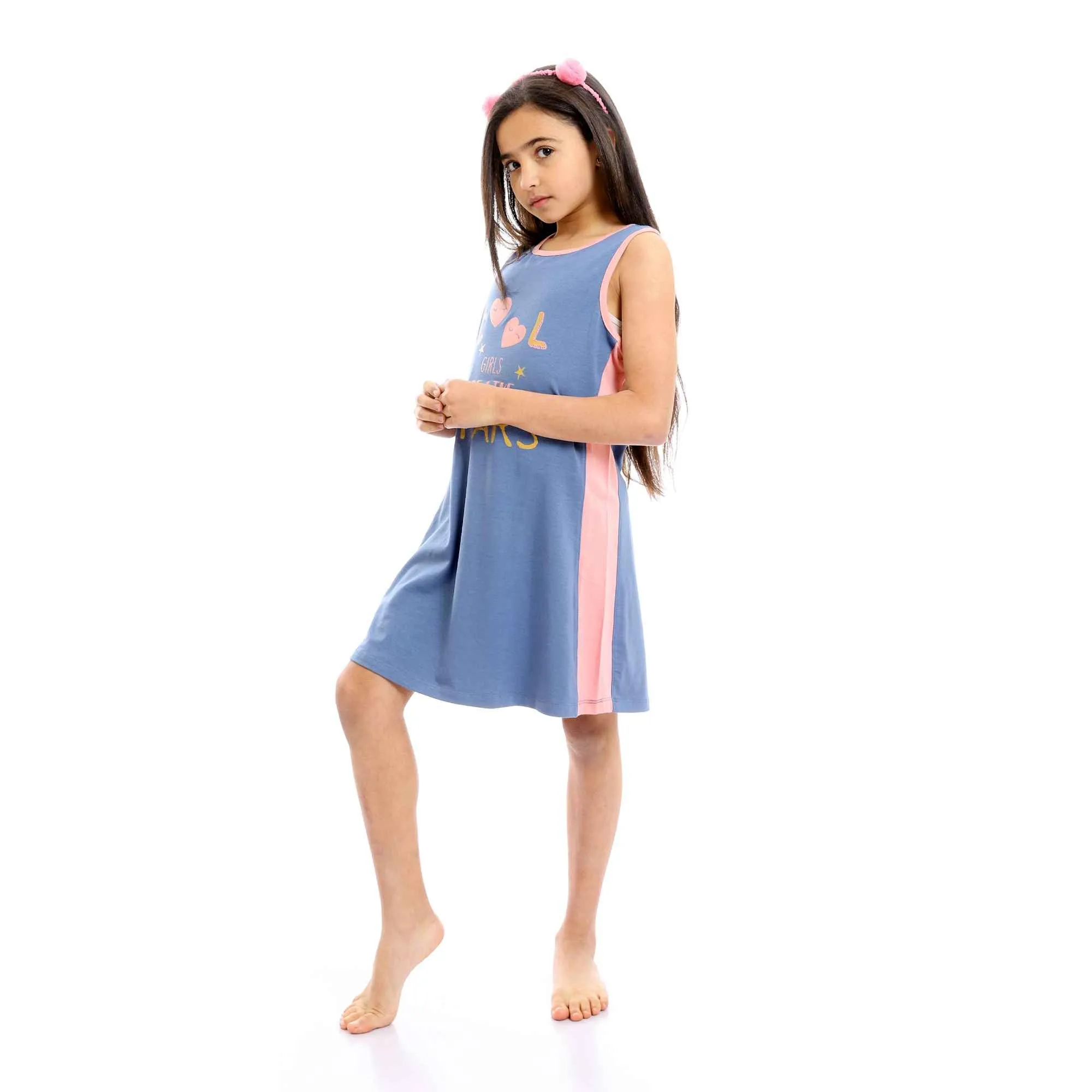 Girls Bi-Tone Printed Cool Sleeveless Nightgown - Steel Blue & Pink