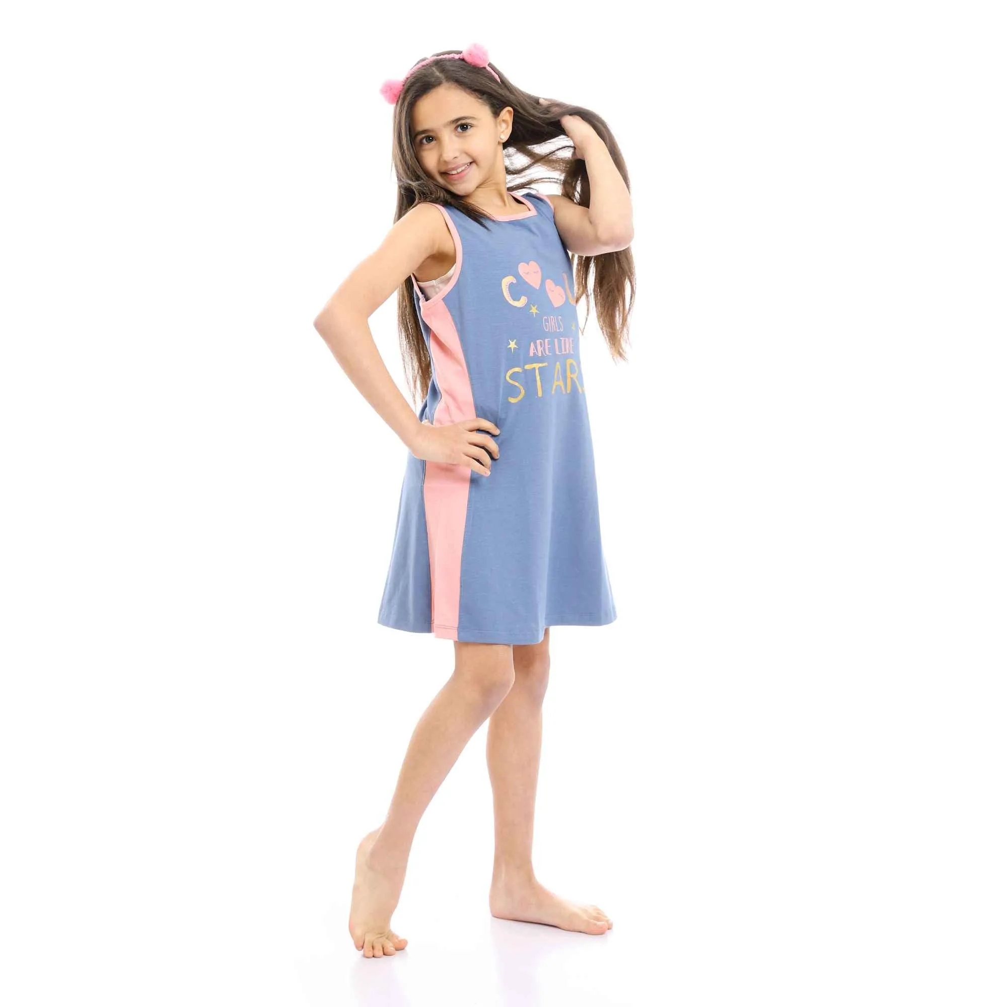 Girls Bi-Tone Printed Cool Sleeveless Nightgown - Steel Blue & Pink