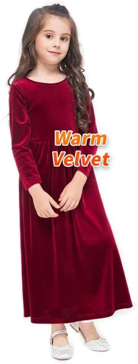 Girls Maxi Velvet Dress with Pockets Long Sleeve Casual Dress Party Dress for Evening Gown Christmas Wedding Holiday