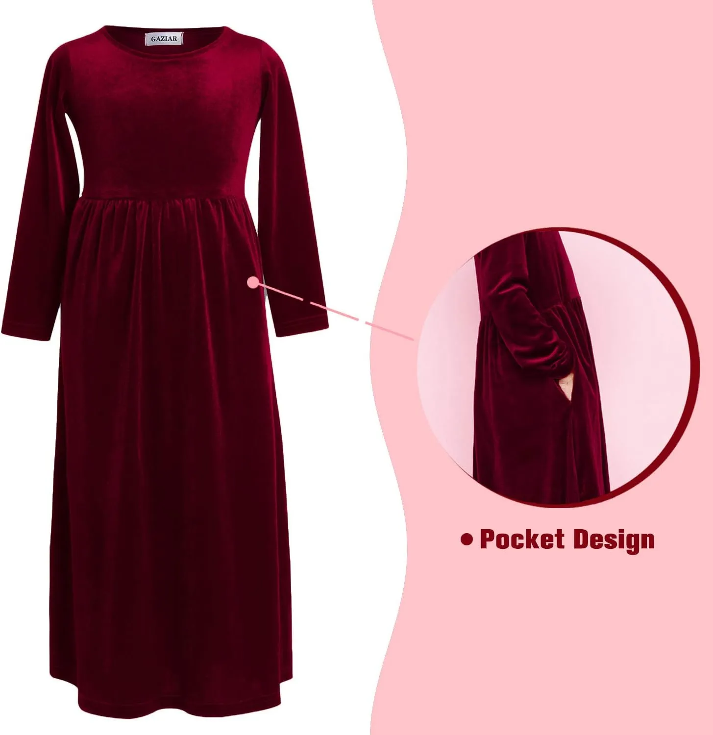 Girls Maxi Velvet Dress with Pockets Long Sleeve Casual Dress Party Dress for Evening Gown Christmas Wedding Holiday