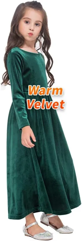 Girls Maxi Velvet Dress with Pockets Long Sleeve Casual Dress Party Dress for Evening Gown Christmas Wedding Holiday