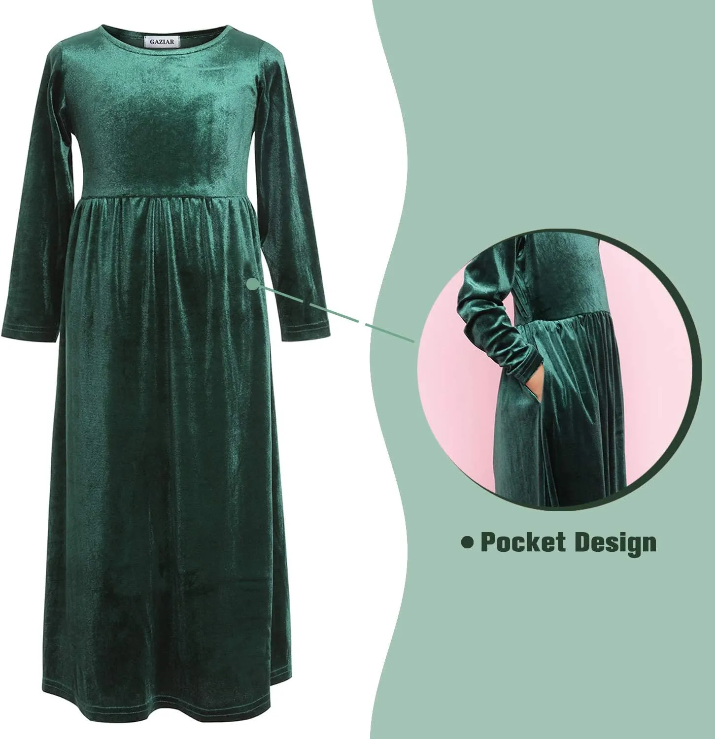 Girls Maxi Velvet Dress with Pockets Long Sleeve Casual Dress Party Dress for Evening Gown Christmas Wedding Holiday