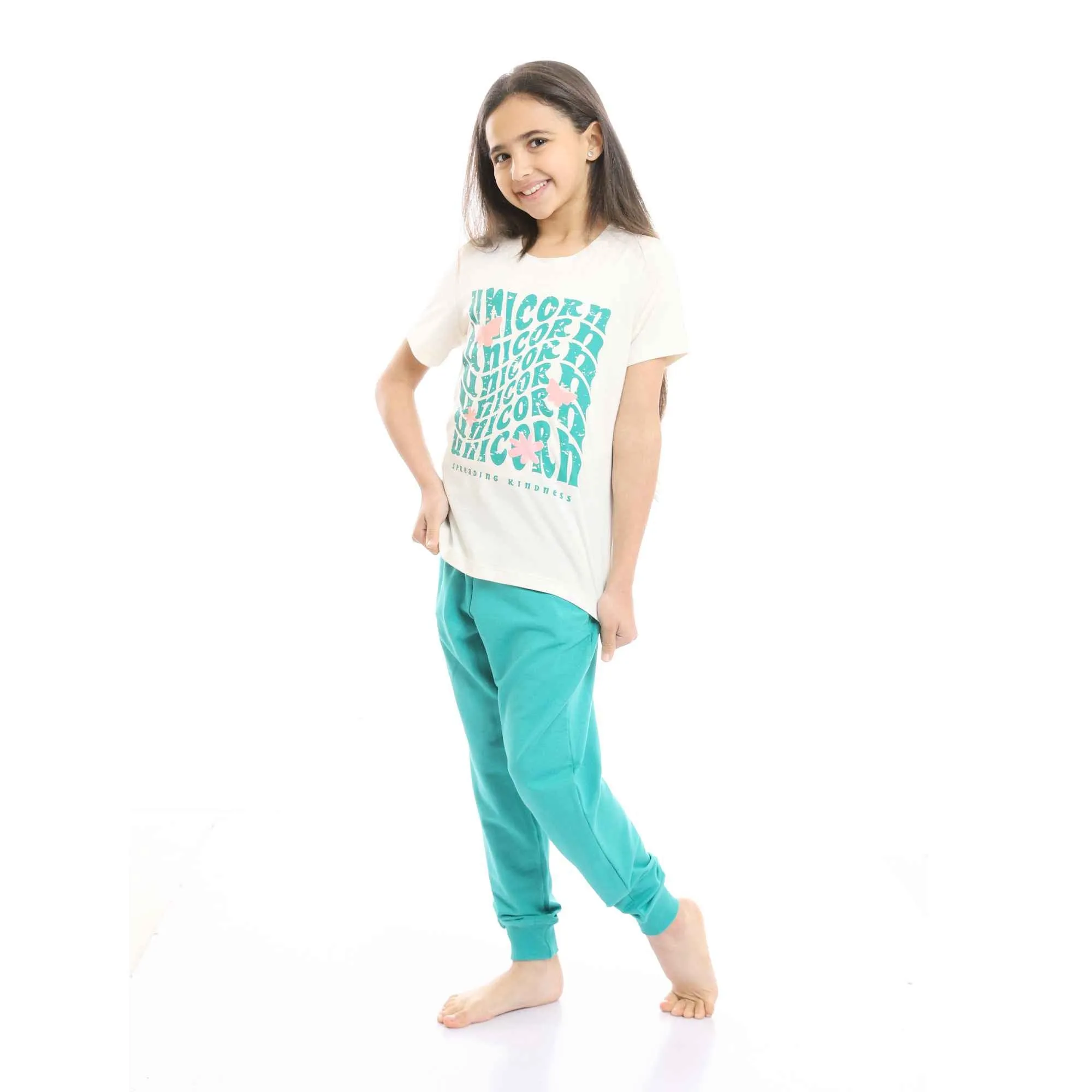 Girls Printed Unicorn Cotton Tee & Tiffany Pants Pajama Set