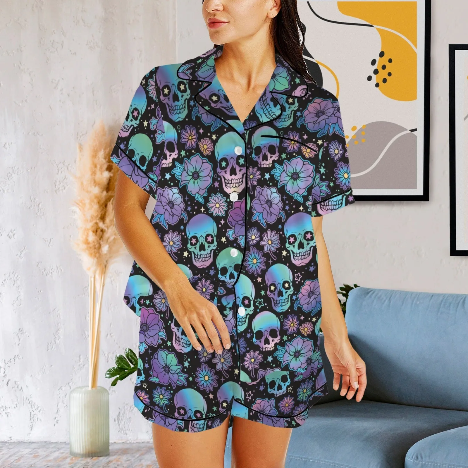 Halloween Custom Face Pajama Set Personalized Photo Women's V-Neck Short Loungewear Sleepwear