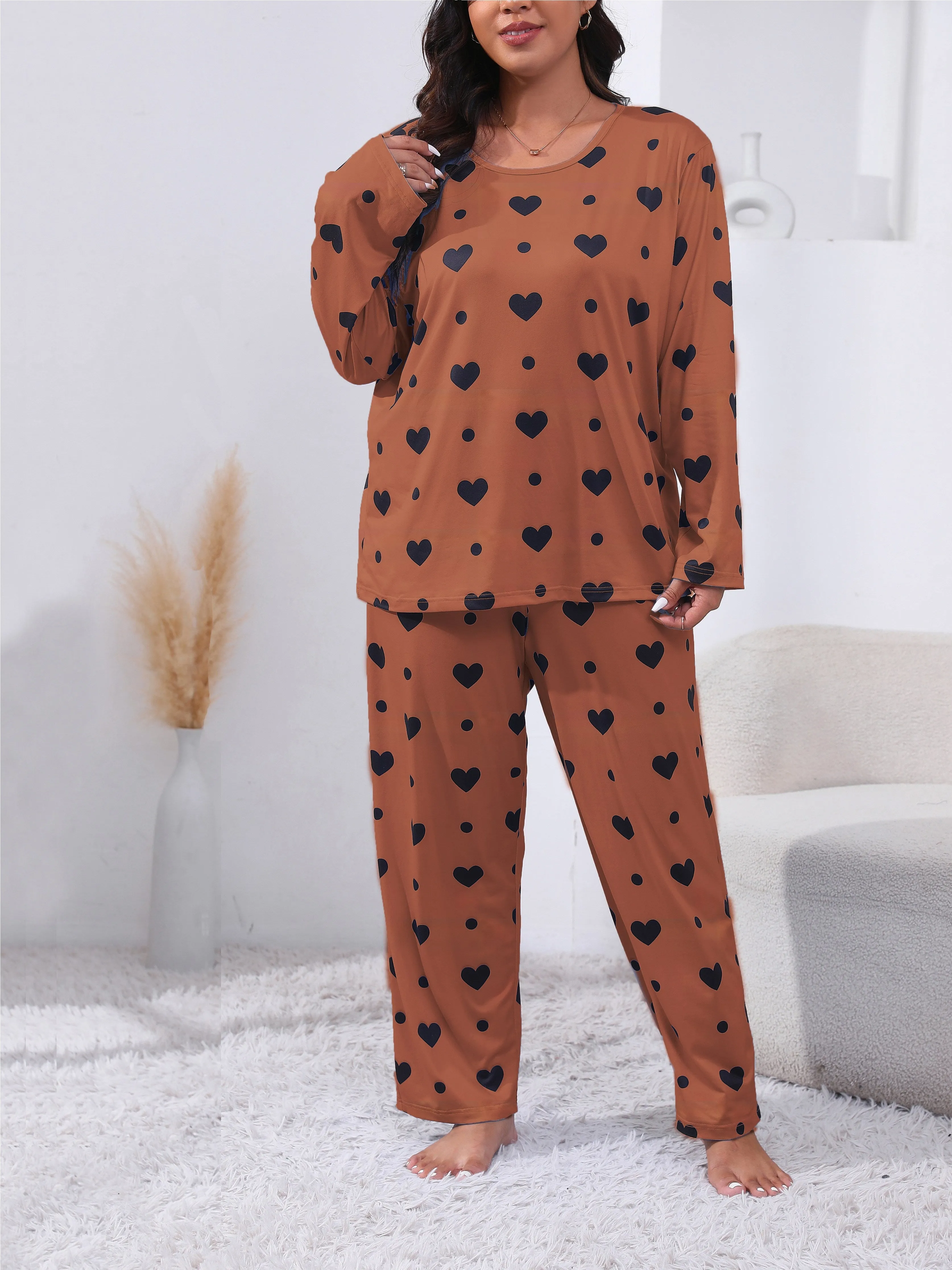 Heartfelt Comfort Women's Plus Size Cute Pajamas Set with Heart Print Tee & Pants