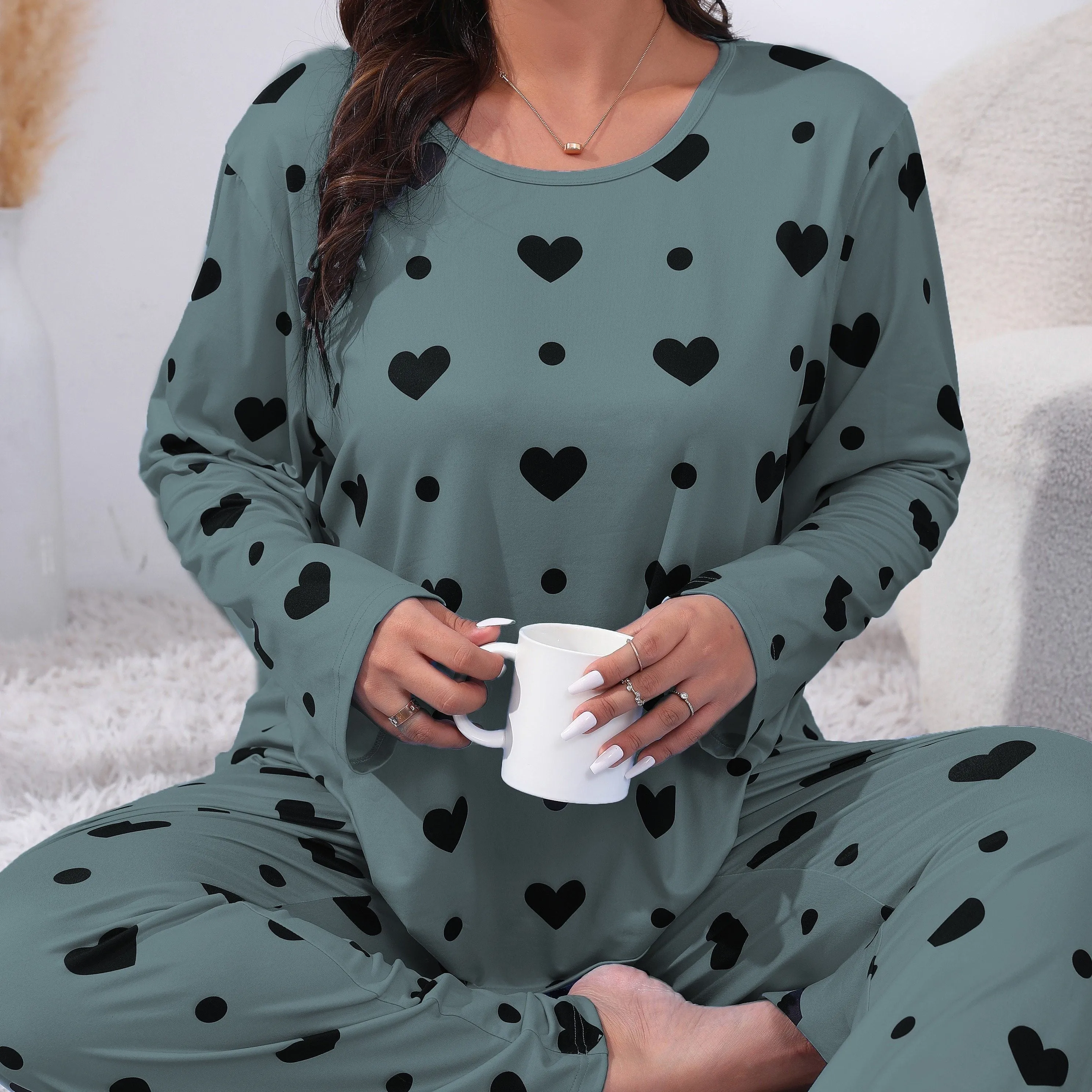 Heartfelt Comfort Women's Plus Size Cute Pajamas Set with Heart Print Tee & Pants