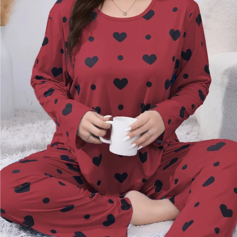 Heartfelt Comfort Women's Plus Size Cute Pajamas Set with Heart Print Tee & Pants