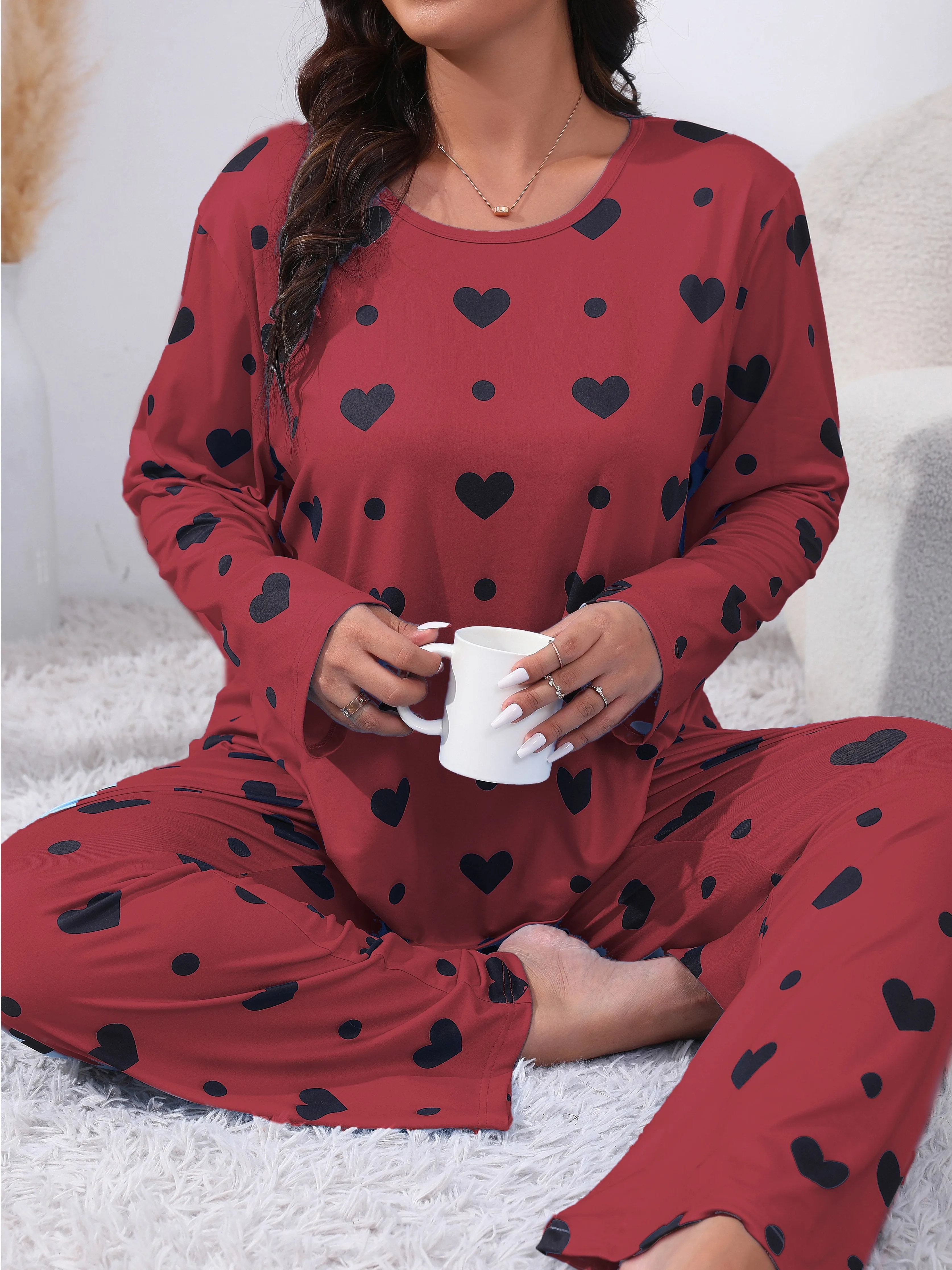 Heartfelt Comfort Women's Plus Size Cute Pajamas Set with Heart Print Tee & Pants