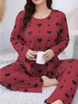 Heartfelt Comfort Women's Plus Size Cute Pajamas Set with Heart Print Tee & Pants