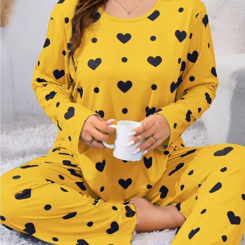 Heartfelt Comfort Women's Plus Size Cute Pajamas Set with Heart Print Tee & Pants