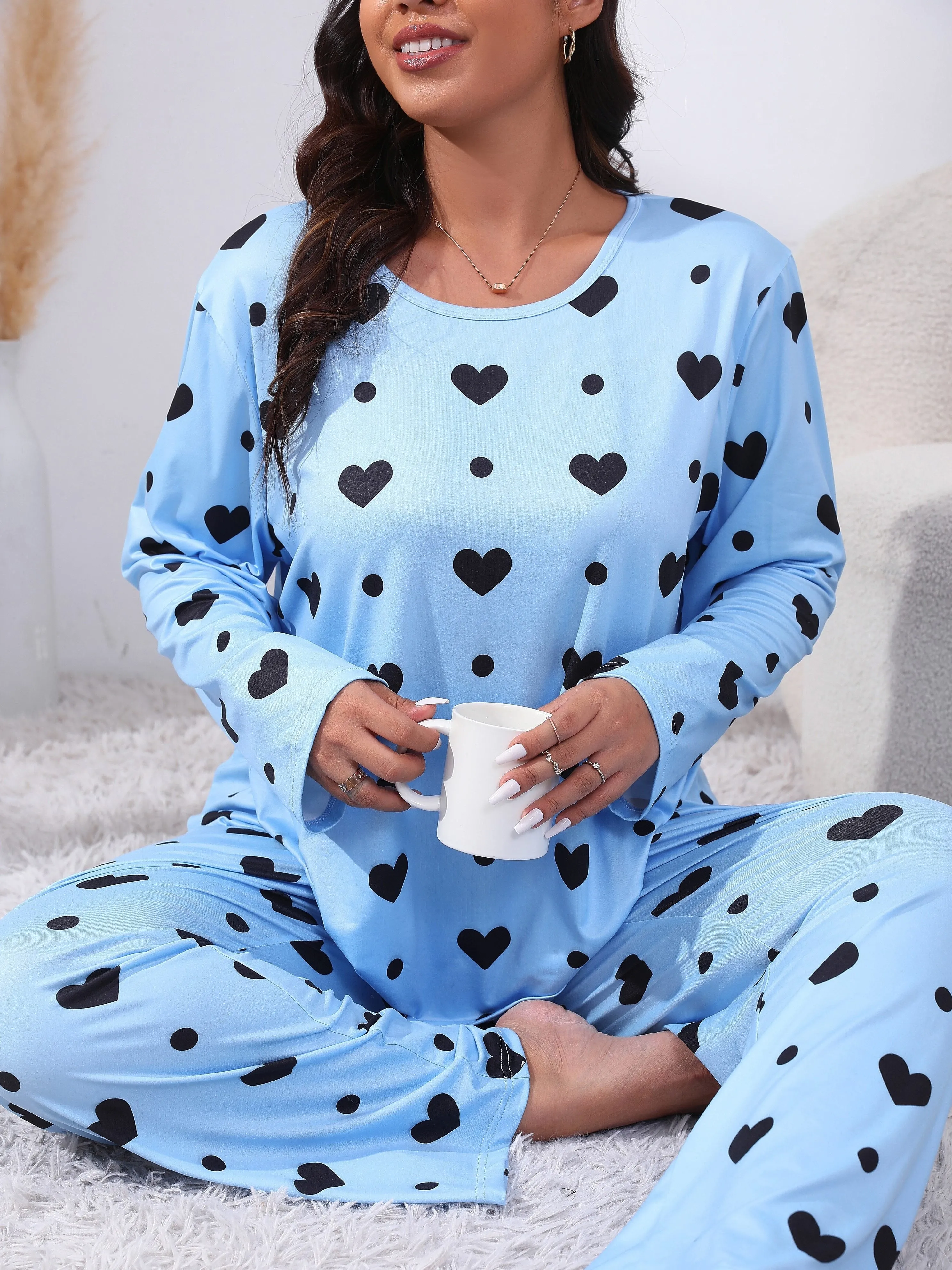 Heartfelt Comfort Women's Plus Size Cute Pajamas Set with Heart Print Tee & Pants