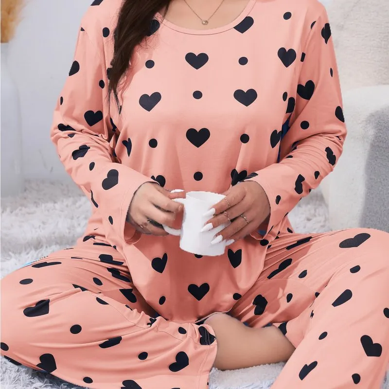 Heartfelt Comfort Women's Plus Size Cute Pajamas Set with Heart Print Tee & Pants