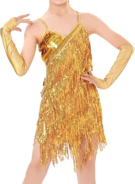 IDOPIP Kids Girls 1920s Flapper Dress Vintage Sequins Fringe Latin Dance Dress Gatsby Halloween Party Dress up with Gloves