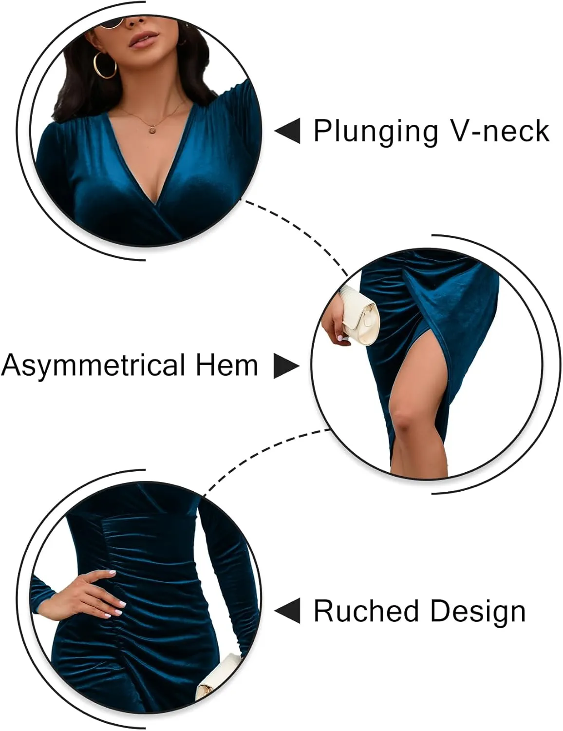 IFFEI Womens Wedding Guest Cocktail Dresses Fall Winter Velvet Dress for Women Ruched V Neck Long Sleeve Bodycon Mini Dress