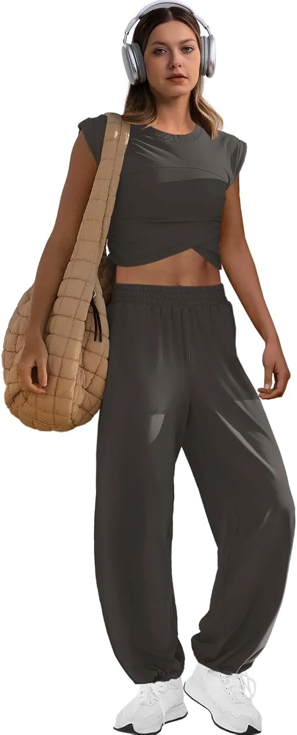 LAMISSCHE Womens Loungewear Set 2 Piece Outfits Sets Cropped Tops and Wide Leg Pants with Pockets Tracksuit