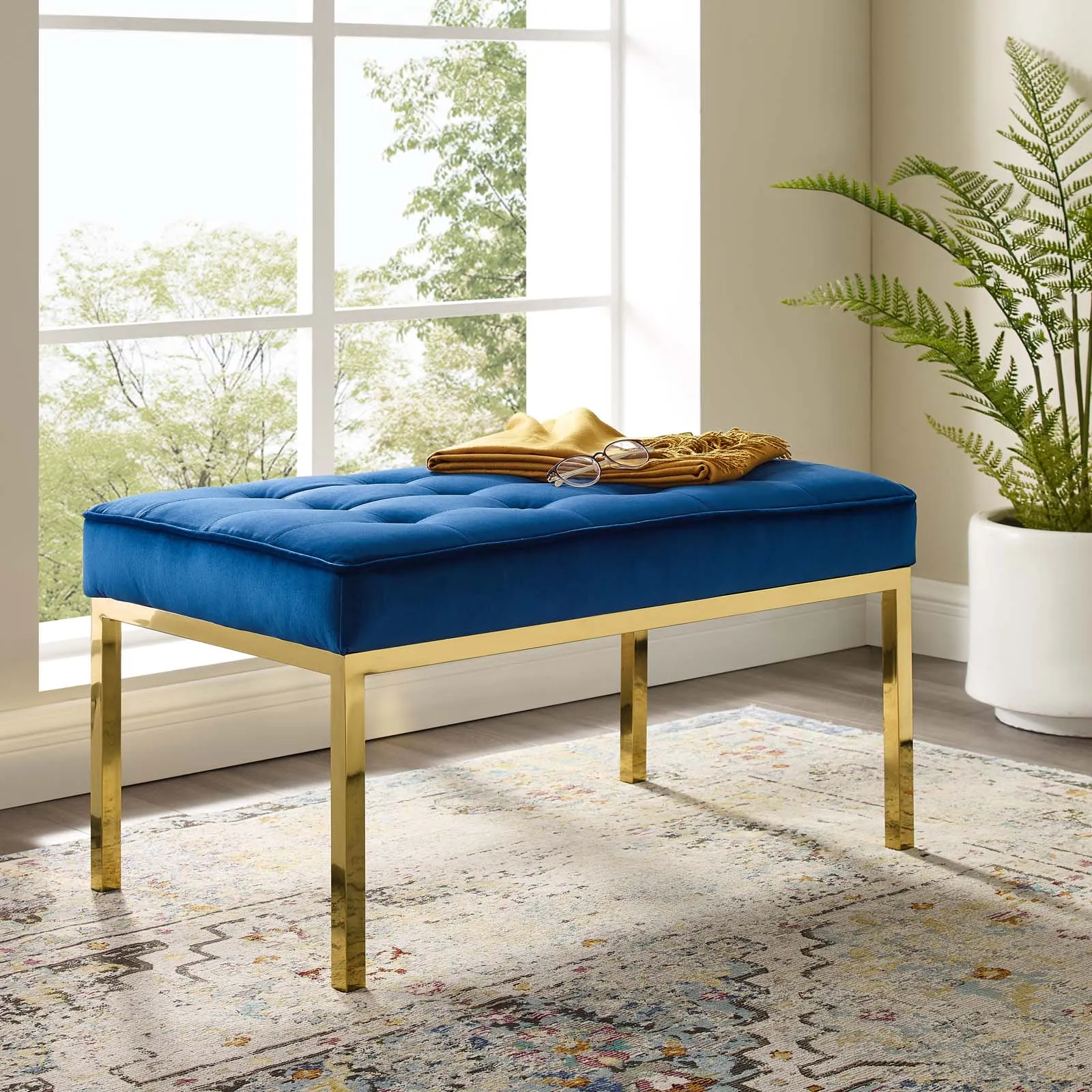 Loft Gold Stainless Steel Leg Medium Performance Velvet Bench Gold Navy EEI-3402-GLD-NAV