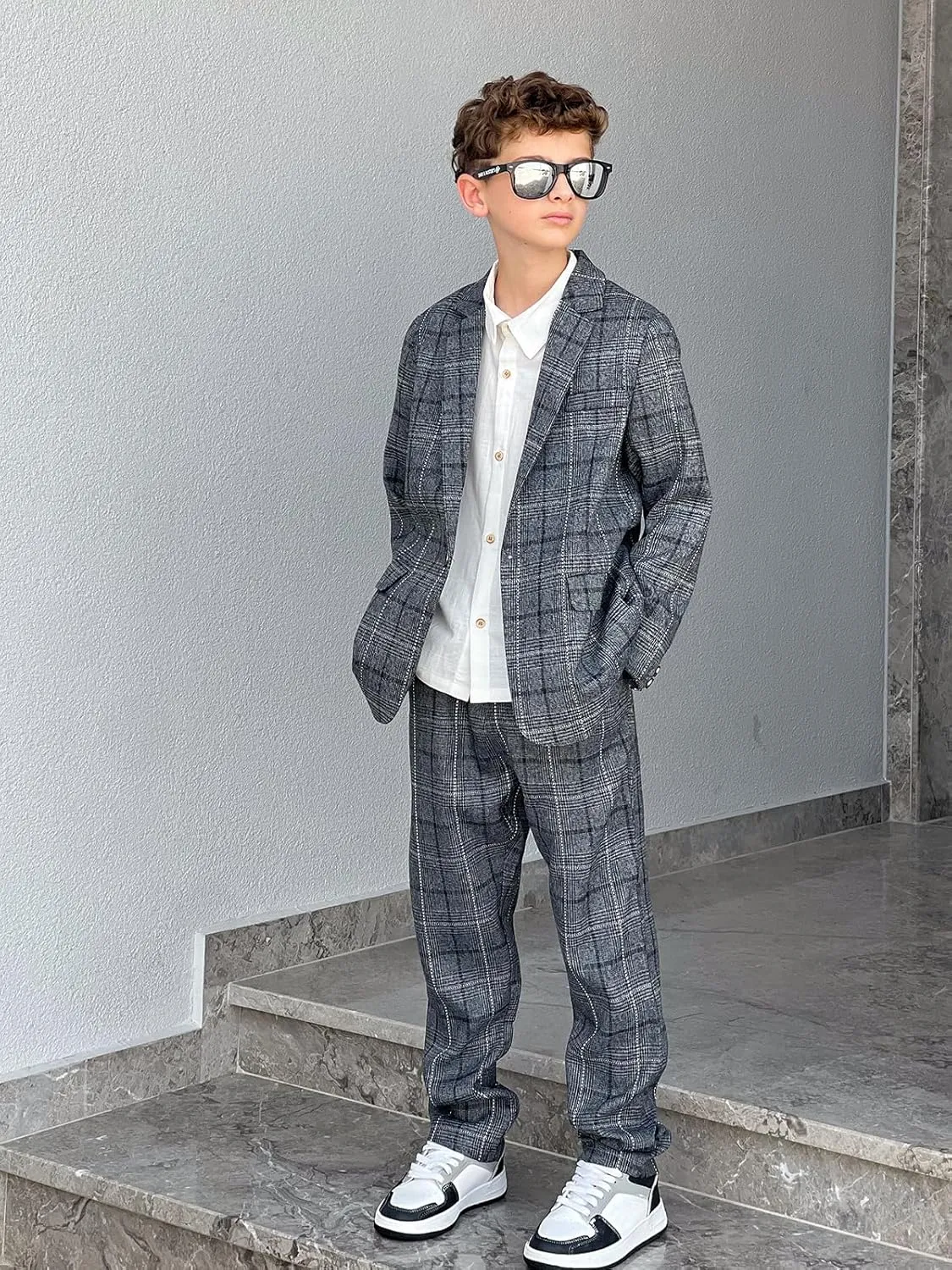 LOLANTA Kids Boys Plaid Suit Fashion Blazer Pants Set 2 Piece Formal Wear Outfit for Wedding