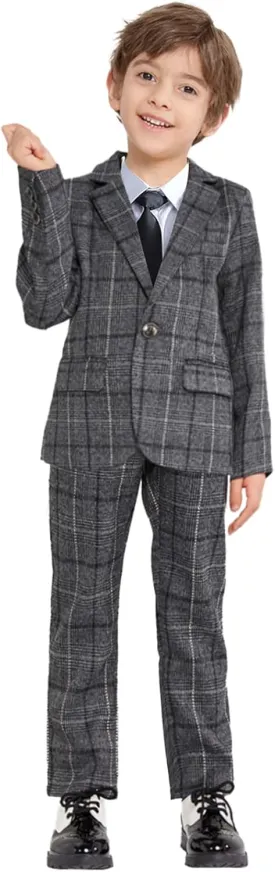 LOLANTA Kids Boys Plaid Suit Fashion Blazer Pants Set 2 Piece Formal Wear Outfit for Wedding