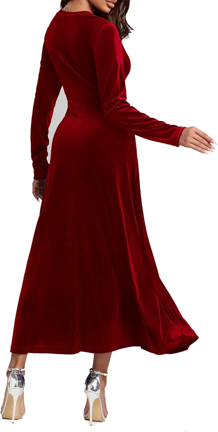 Long Sleeve Velvet Wedding Guest Dresses Formal Maxi Dress for Women