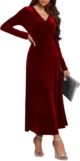 Long Sleeve Velvet Wedding Guest Dresses Formal Maxi Dress for Women