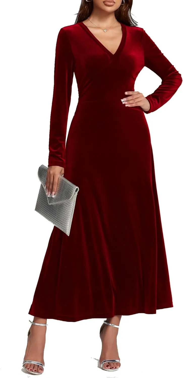 Long Sleeve Velvet Wedding Guest Dresses Formal Maxi Dress for Women