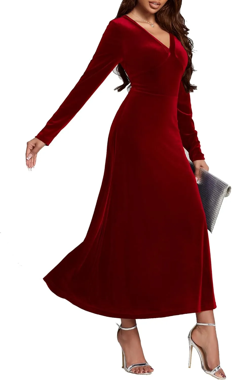 Long Sleeve Velvet Wedding Guest Dresses Formal Maxi Dress for Women