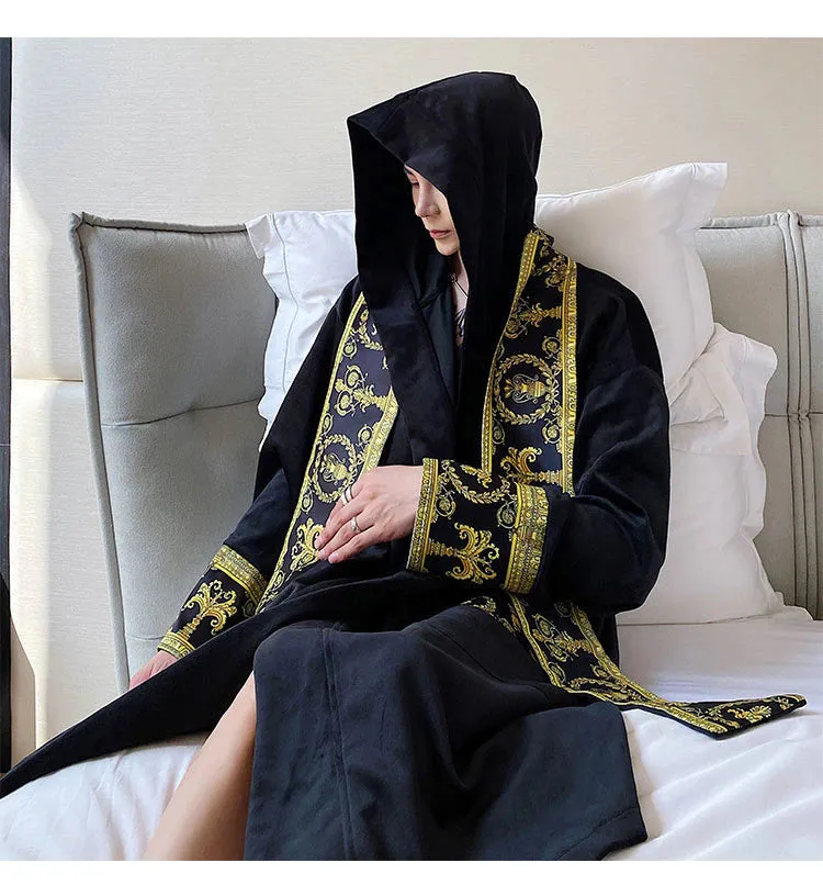 Luxury Velvet Robe With Hood and Gold Embroidery One Size Fits All