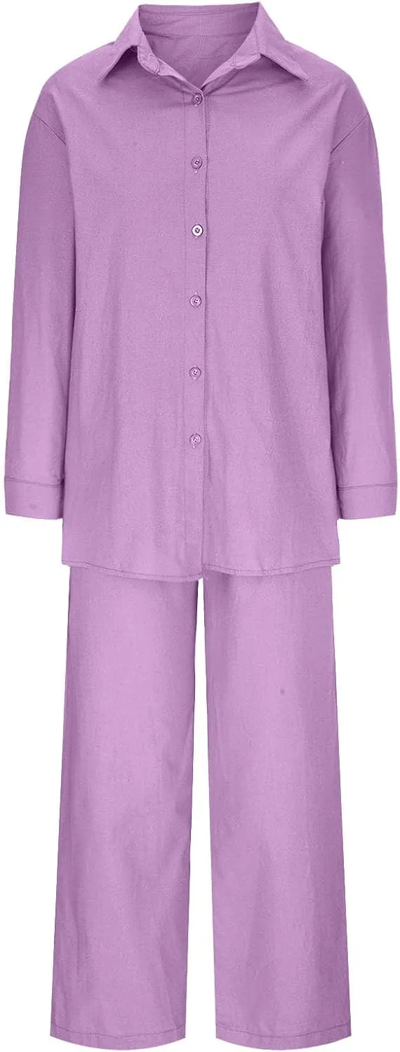 maisdgop Womens 2 Piece Outfits Summer Cotton Linen Set Casual Long Sleeve Button down Shirts and Pants Suits with Pockets
