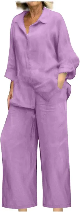 maisdgop Womens 2 Piece Outfits Summer Cotton Linen Set Casual Long Sleeve Button down Shirts and Pants Suits with Pockets
