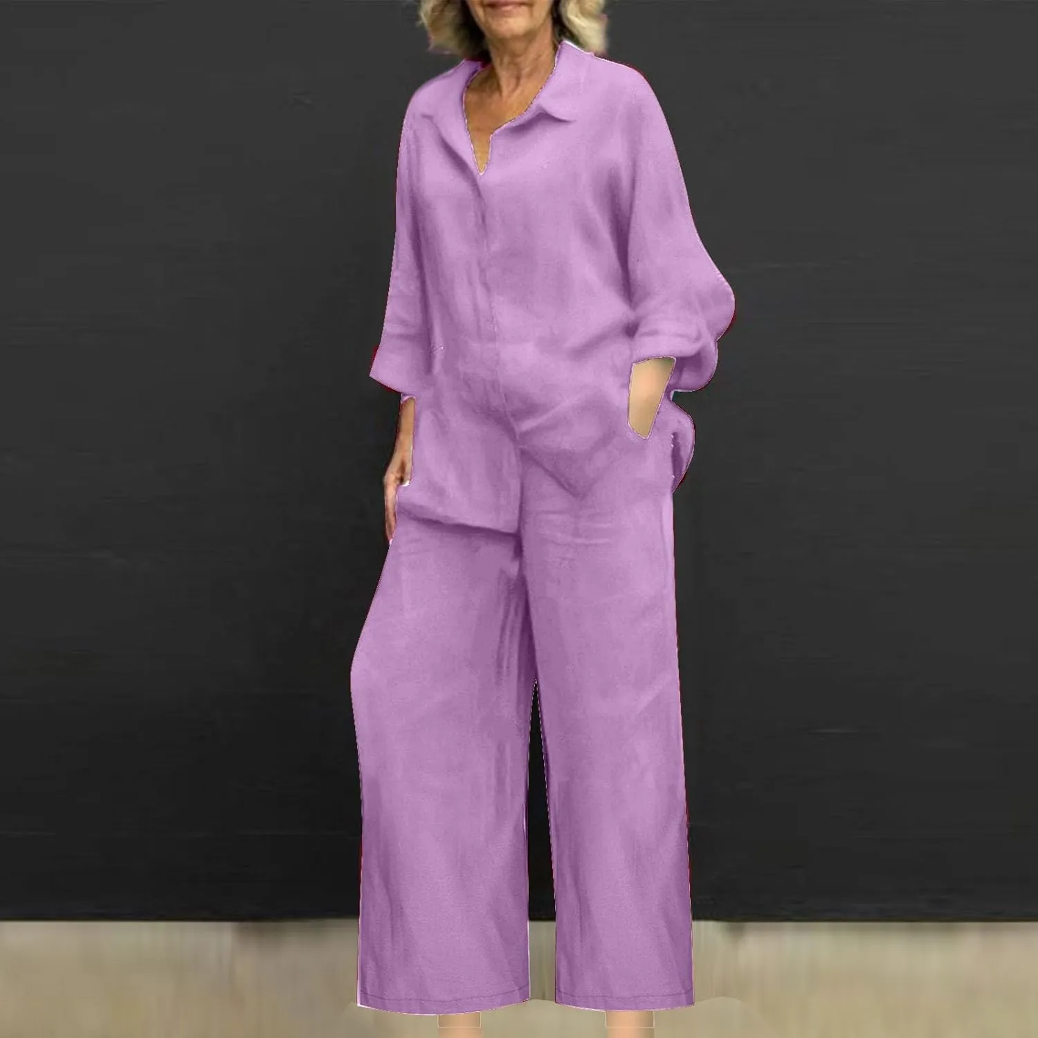 maisdgop Womens 2 Piece Outfits Summer Cotton Linen Set Casual Long Sleeve Button down Shirts and Pants Suits with Pockets
