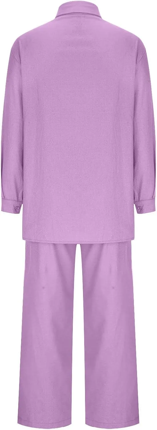 maisdgop Womens 2 Piece Outfits Summer Cotton Linen Set Casual Long Sleeve Button down Shirts and Pants Suits with Pockets