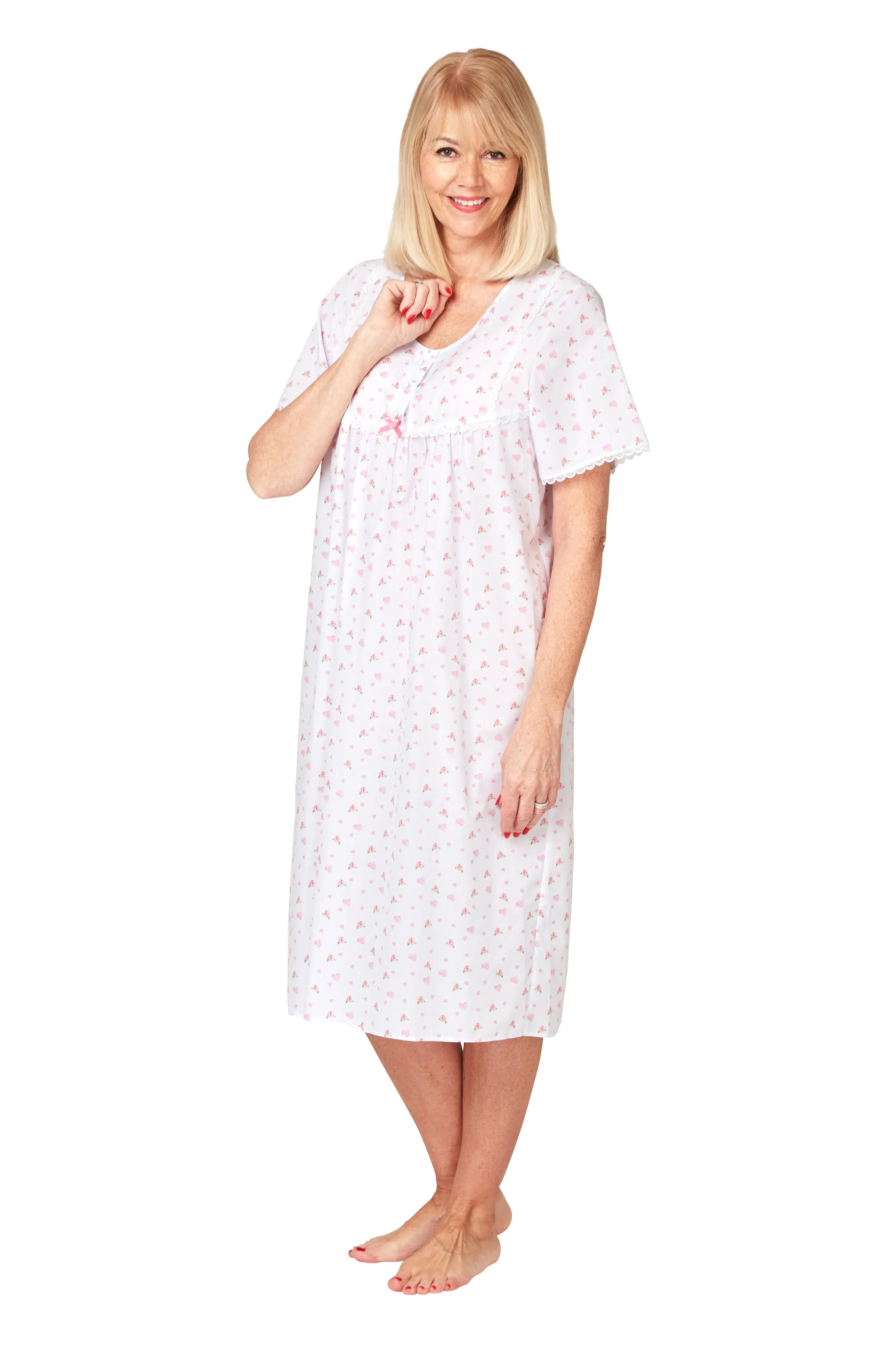Marlon Short Sleeve Cotton Button Front Polyester Nightdress 45"