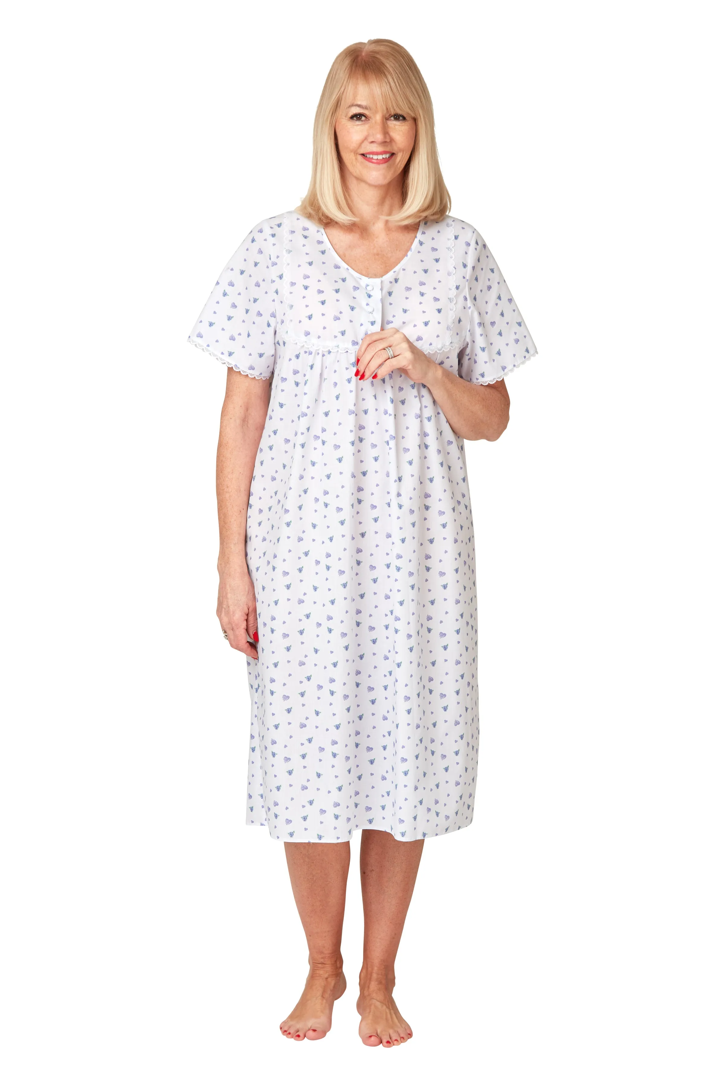 Marlon Short Sleeve Cotton Button Front Polyester Nightdress 45"